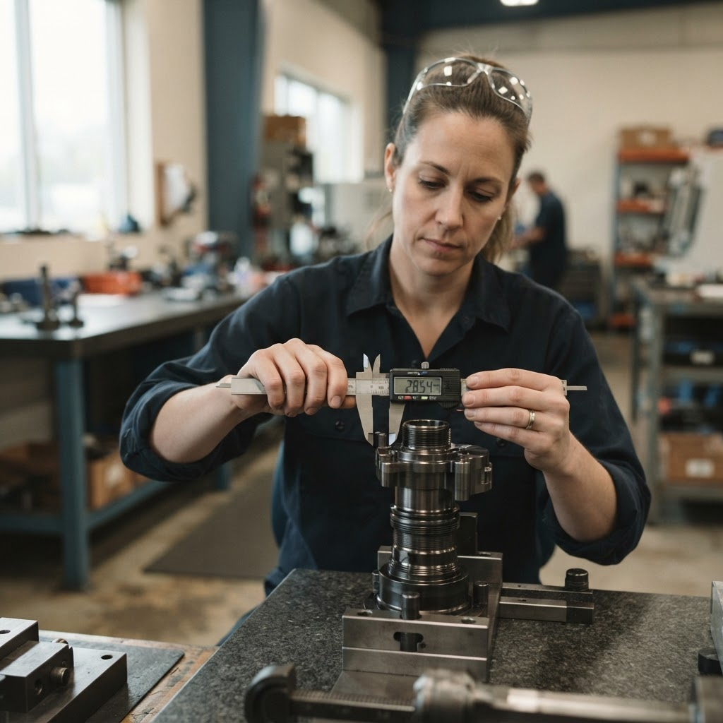 Engineer performing quality control inspection on a precision metal component