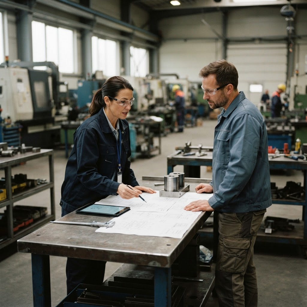 Industrial engineers evaluating a manufactured component
